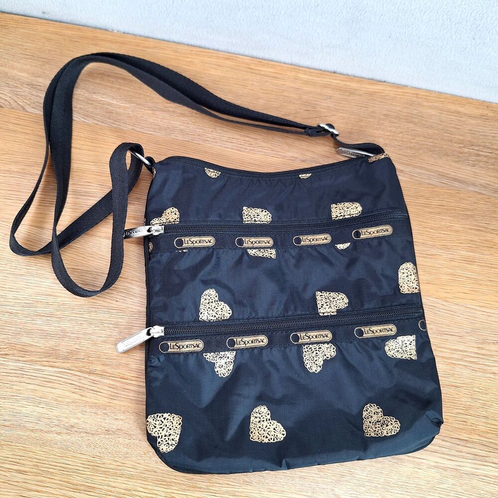 LeSportsac Kasey Crossbody Bag Heart of Gold Black Nylon Gold Heart Accent Purse